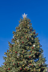 The photograph captures a large, richly decorated Christmas tree likely located in a public square, set against a clear blue sky