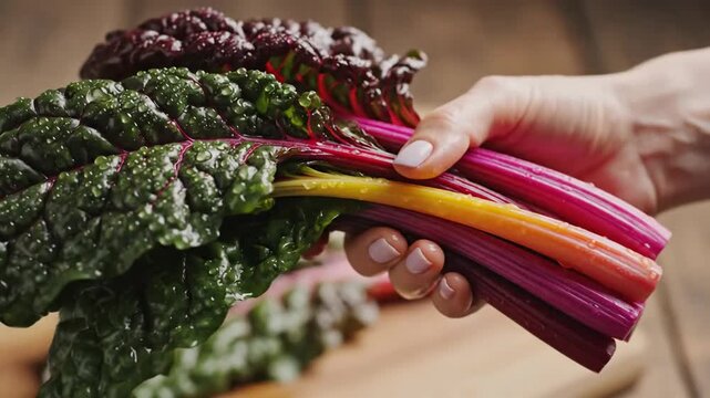 Vibrant rainbow chard stems and leaves held by hand close up healthy greens