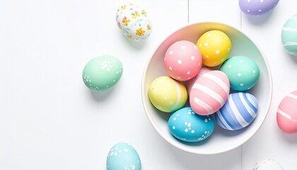 Decorated Easter eggs in a bowl and around, vibrant pastel colors and white background