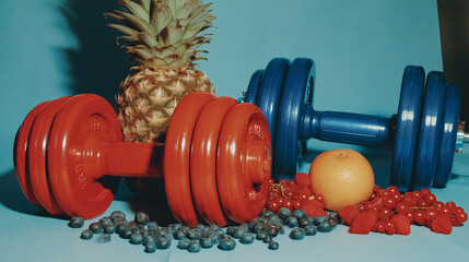 Red and blue dumbbells resting on bright blue surface surrounded by fresh fruits like pineapple, orange, and berries. Concept of health, fitness, nutrition, gym, wellness