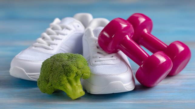 Bright pink dumbbells and fresh broccoli beside white athletic shoes on light blue wood surface. Concept of fitness, healthy eating, wellness, nutrition with emphasis on active living