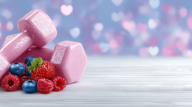 Pink dumbbells rest on a wooden surface beside a colorful assortment of fresh berries. Soft bokeh background creates a gentle atmosphere. Concept of fitness, nutrition, wellness - Powered by Adobe