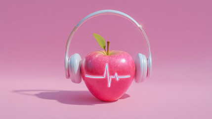 Obraz premium Apple adorned with headphones featuring heartbeats design symbolizes healthy living and music enjoyment. Set against a playful pink backdrop. Concept of health, music industry, wellness