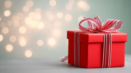 Red present gift box on blue background with bokeh lights
