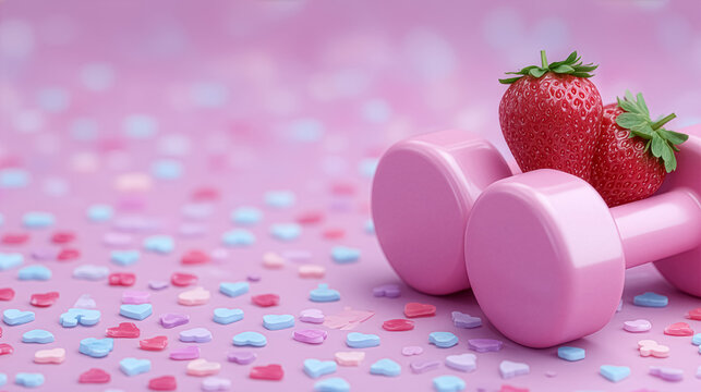 Pink dumbbells resting on a surface filled with colorful confetti hearts. This playful setting emphasizes fitness and healthy eating, creating a cheerful atmosphere ideal for wellness promotions