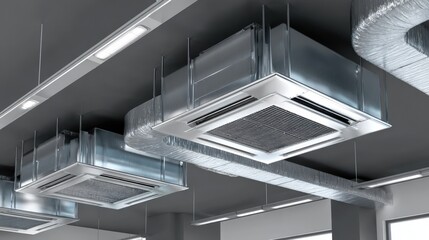 Obraz premium Medium shot of a modern HVAC system operating in a commercial building highlighting temperature regulation and fresh air distribution for comfortable living spaces.