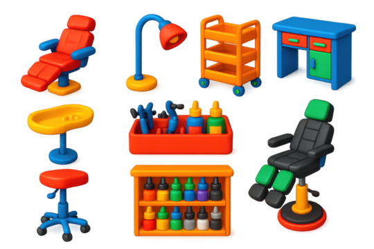 Set of colorful toys and furniture, including a chair, a desk, a stool