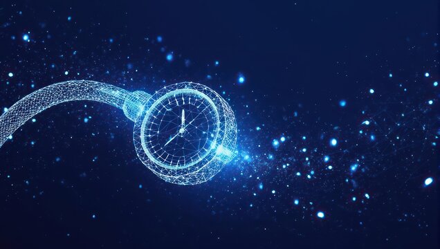 Futuristic Digital Watch with Glowing Particles in Dark Blue Space.