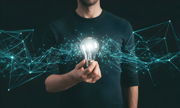 Man Holding Light Bulb with Digital Network Connection.