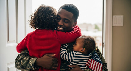 Image shows adult male in military camouflage, hugging a child and baby, holding an American flag, representing homecoming, family, and service