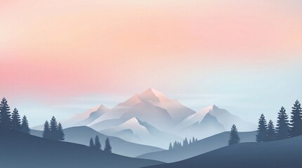 Minimalist digital art of snow-covered mountain range under soft peach-pink dawn sky. Calm, dreamy atmosphere with layered peaks and pine tree silhouettes. Perfect for desktop wallpaper, design