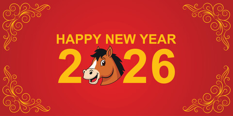2026 Chinese New Year of the horse greeting card on red background vector illustration