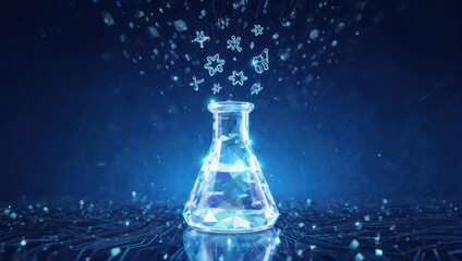 Glowing Flask Emitting Digital Symbols and Particles.