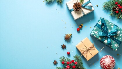 Merry Christmas and Happy Holidays greeting card, frame. Christmas ornaments and gifts on blue background top view. Flat lay