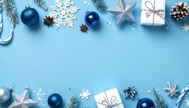 Merry Christmas and Happy Holidays greeting card, frame. Christmas ornaments and gifts on blue background top view. Flat lay - Powered by Adobe