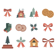 A festive arrangement of christmas elements including cookies ribbons trees a cozy house and traditional decorations.