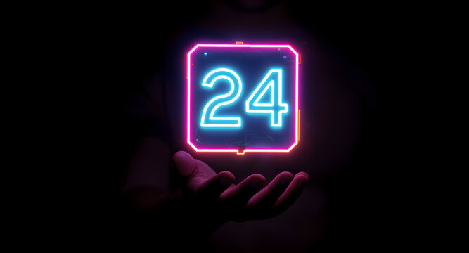 Neon Number 24 Sign Held in Hand in Darkness.