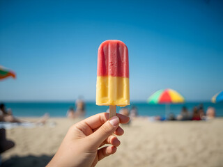 Hand Holding Red and Yellow Popsicle on a Sunny Summer Beach