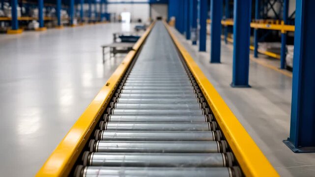 Closeup view of a roller conveyor belt system inside a large, modern warehouse or distribution center with blue shelving columns in the background