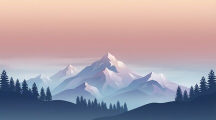 Minimalist digital art of snow-covered mountain range under soft peach-pink dawn sky. Calm, dreamy atmosphere with layered peaks and pine tree silhouettes. Perfect for desktop wallpaper.