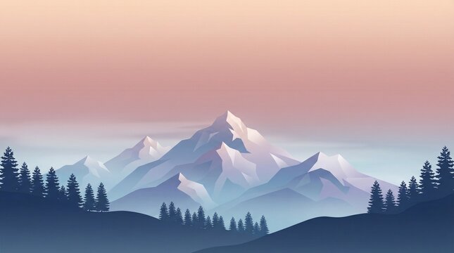 Minimalist digital art of snow-covered mountain range under soft peach-pink dawn sky. Calm, dreamy atmosphere with layered peaks and pine tree silhouettes. Perfect for desktop wallpaper.