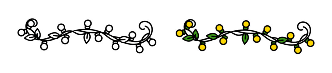 String Lights Festive Border with Decorative Leaves Garland in Color and Black Outline