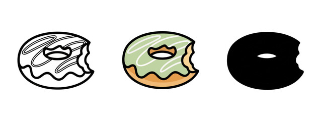 Donut Icons in Outline, Color, and Silhouette Style with a Bite Taken Out of Each
