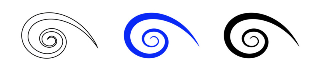 Three Spirals in Black, Outline and Blue on a White Background