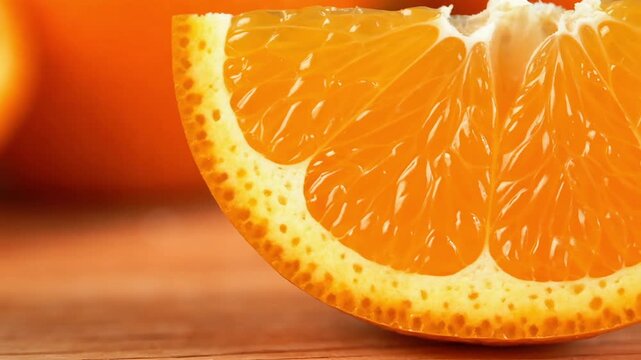 Macro close-up of a fresh, bright orange slice segment with visible vesicles and skin texture
