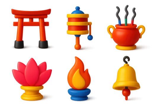 Variety of colorful and whimsical objects, including a bell, a flower, a bell