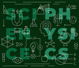 Green Science Research Physics Line Concept. Vector Illustration of Education Outline Poster. Linear Laboratory Subject Sign.
