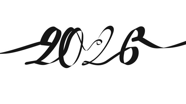 Elegant black and white brush lettering/calligraphy of the year 2026 animation with flowing strokes and decorative curls, perfect for greeting cards, calendars, headers, and happy new year design