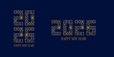 Golden 2026 Happy New Year. Art Deco Vector Illustration of Geometrical Nouveau Greeting Card. Luxury Gold Concept over Blue BG.