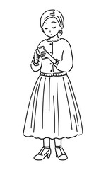 スマホを見る女性　線画1