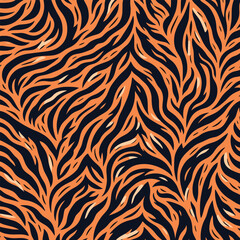 Seamless abstract pattern featuring organic fiery orange and black wavy lines creating a dynamic and visually engaging texture suitable for various design applications