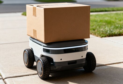 Autonomous delivery robot transporting a large cardboard box package across a residential sidewalk on a sunny day.