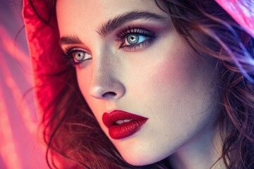 Fototapeta premium Close-Up Portrait of a Striking Woman with Red Lips and Colorful Eyes – Hyperrealistic and Artistic Female Face