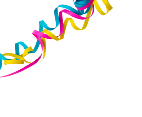 Colorful party streamers in vibrant rainbow tones curled diagonally on the upper side of the frame over a transparent background for carnival designs. 