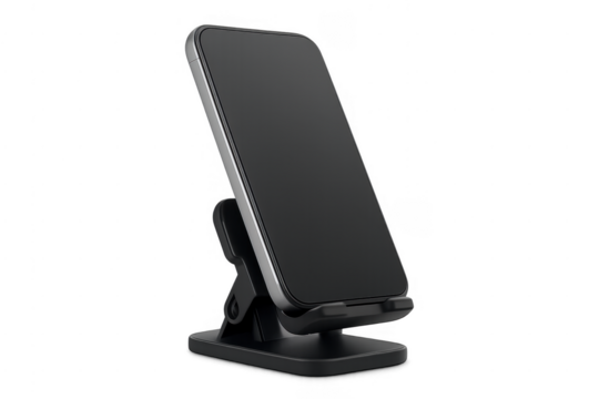 Smartphone with blank screen on a black holder stand