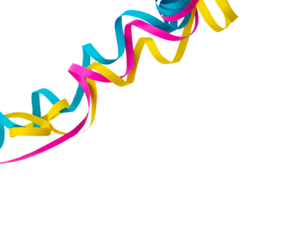 Colorful party streamers in vibrant rainbow tones curled diagonally on the upper side of the frame over a transparent background for carnival designs. 