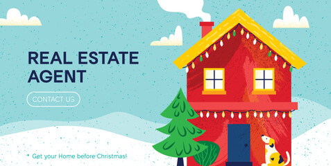 Fototapeta premium Real Estate Christmas House Banner. Vector Illustration of Home with Dog. Mortgage Promotional Concept with Web Button.