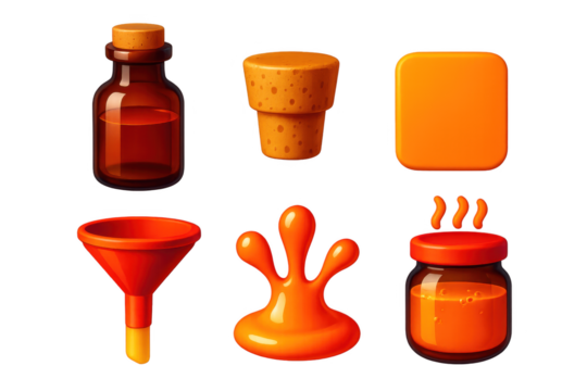Set of six orange objects, including a funnel, a jar, and a vase - Powered by Adobe