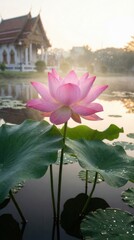 Pink lotus flower on calm pond at sunrise near temple