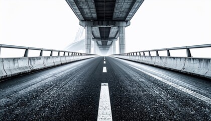 Dramatic perspective shot of an asphalt highway under a towering concrete overpass