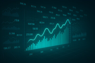 Green glowing financial chart with bars and line graph on dark grid background representing market analytics, trading performance and business data visualization
