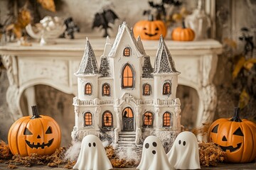 This whimsical haunted house is adorned with spooky pumpkins and cute ghosts, making it an ideal decoration for Halloween celebrations filled with festive spirit and charm.