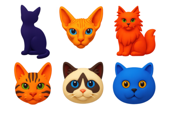 Set of six cat faces, each with a different color and expression