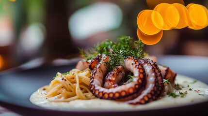 An exquisite gourmet dish featuring octopus on a bed of pasta, artistically presented with fresh herbs&mdash;perfect for food lovers and culinary enthusiasts.