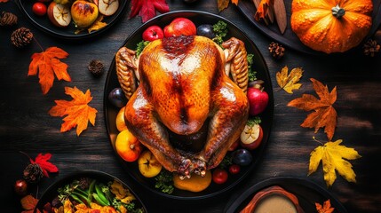 A beautiful Thanksgiving spread featuring a perfectly roasted turkey surrounded by seasonal fruits and vegetables, embodying gratitude and togetherness in the harvest.
