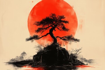 A striking illustration featuring a silhouetted tree set against a bold red sun, symbolizing resilience and the beauty of nature's contrasts in an artistic composition.